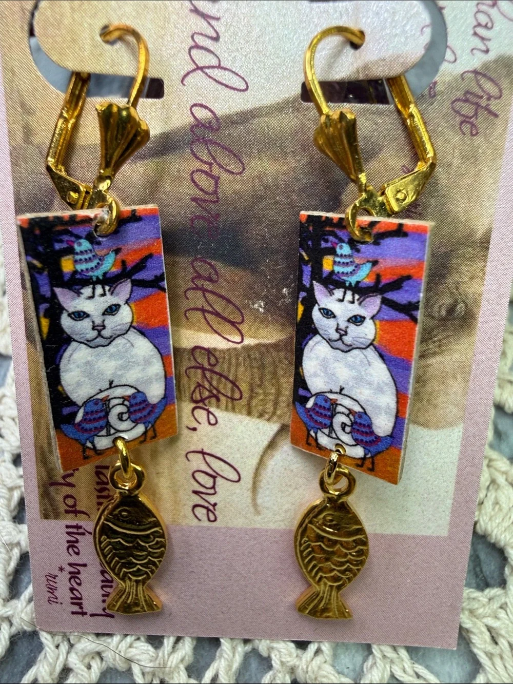 Gold & Multi White Cat Dangle artboaEarrings with Fish Charm - Cat Lover Jewelry